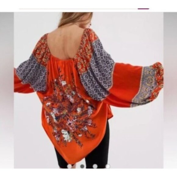 Free People  Positano Orange Patchwork Print Blouse size extra small oversized - Picture 6 of 14